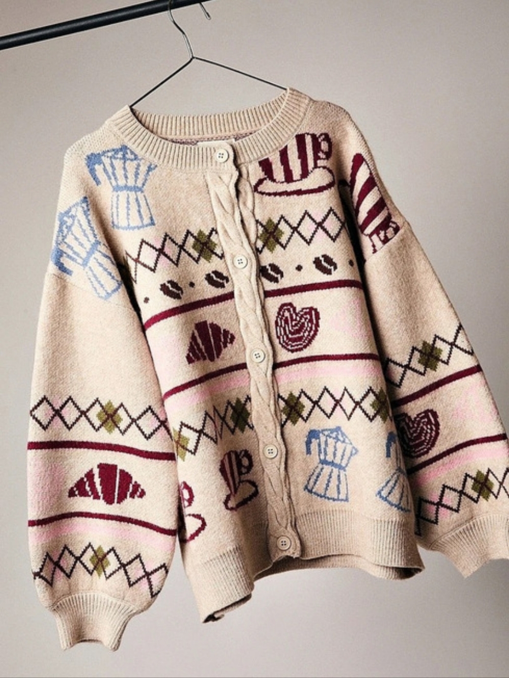 Coffee Bakery Pattern Cardigan in Beige & Blue New